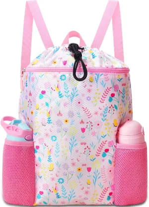 RHCPFOVR Drawstring Backpack for Kids - Swim Bags for Girls Beach Swimming Pool Lightweight Draw String Bags Waterproof Sports Gym Bag With Two Water Bottle Holder