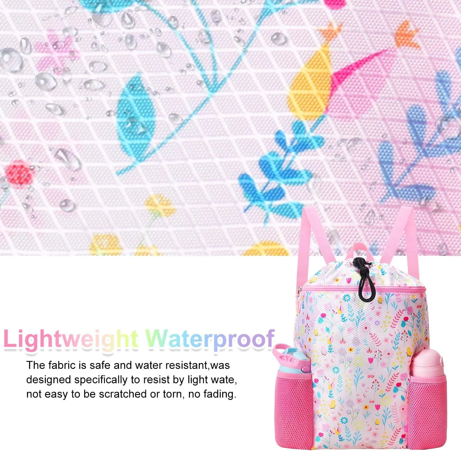 RHCPFOVR Drawstring Backpack for Kids - Swim Bags for Girls Beach Swimming Pool Lightweight Draw String Bags Waterproof Sports Gym Bag With Two Water Bottle Holder