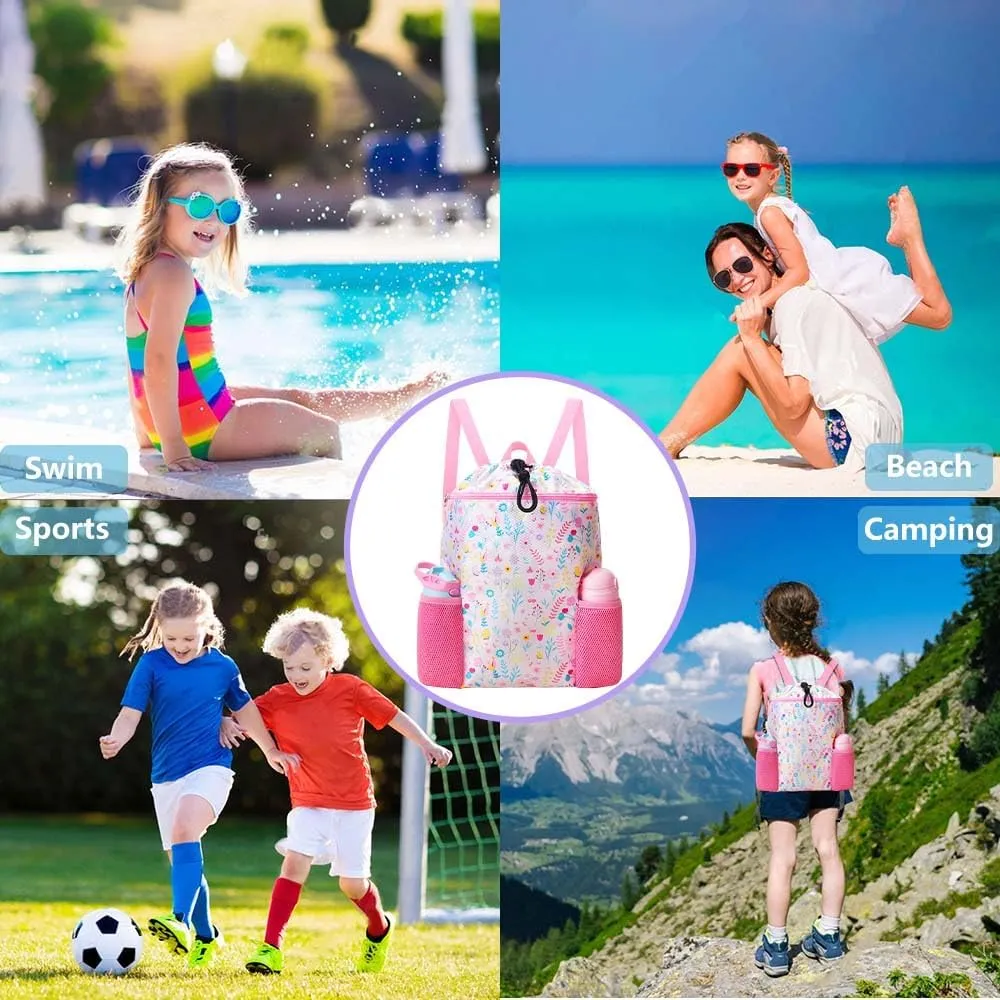 RHCPFOVR Drawstring Backpack for Kids - Swim Bags for Girls Beach Swimming Pool Lightweight Draw String Bags Waterproof Sports Gym Bag With Two Water Bottle Holder