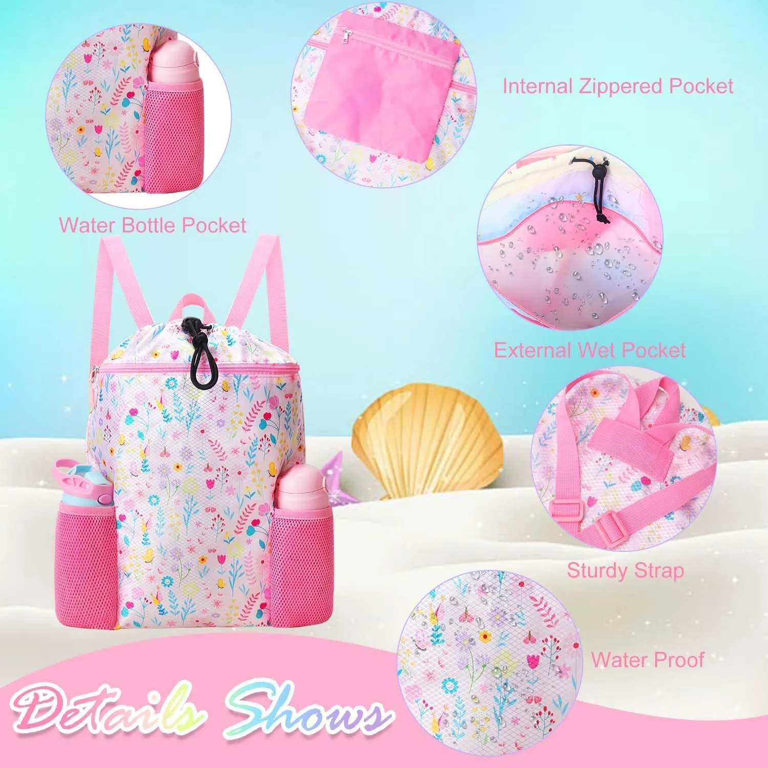 RHCPFOVR Drawstring Backpack for Kids - Swim Bags for Girls Beach Swimming Pool Lightweight Draw String Bags Waterproof Sports Gym Bag With Two Water Bottle Holder