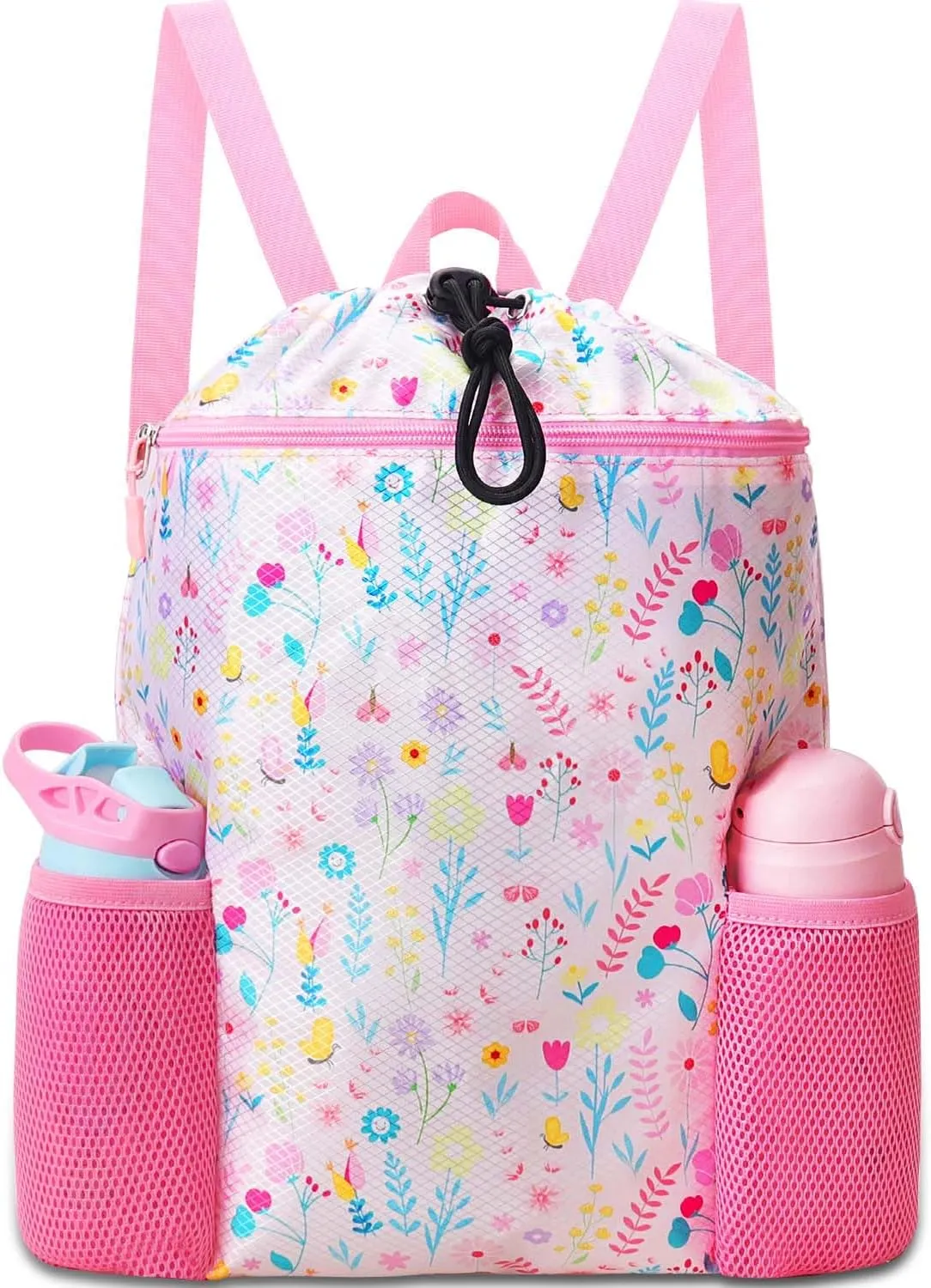 RHCPFOVR Drawstring Backpack for Kids - Swim Bags for Girls Beach Swimming Pool Lightweight Draw String Bags Waterproof Sports Gym Bag With Two Water Bottle Holder