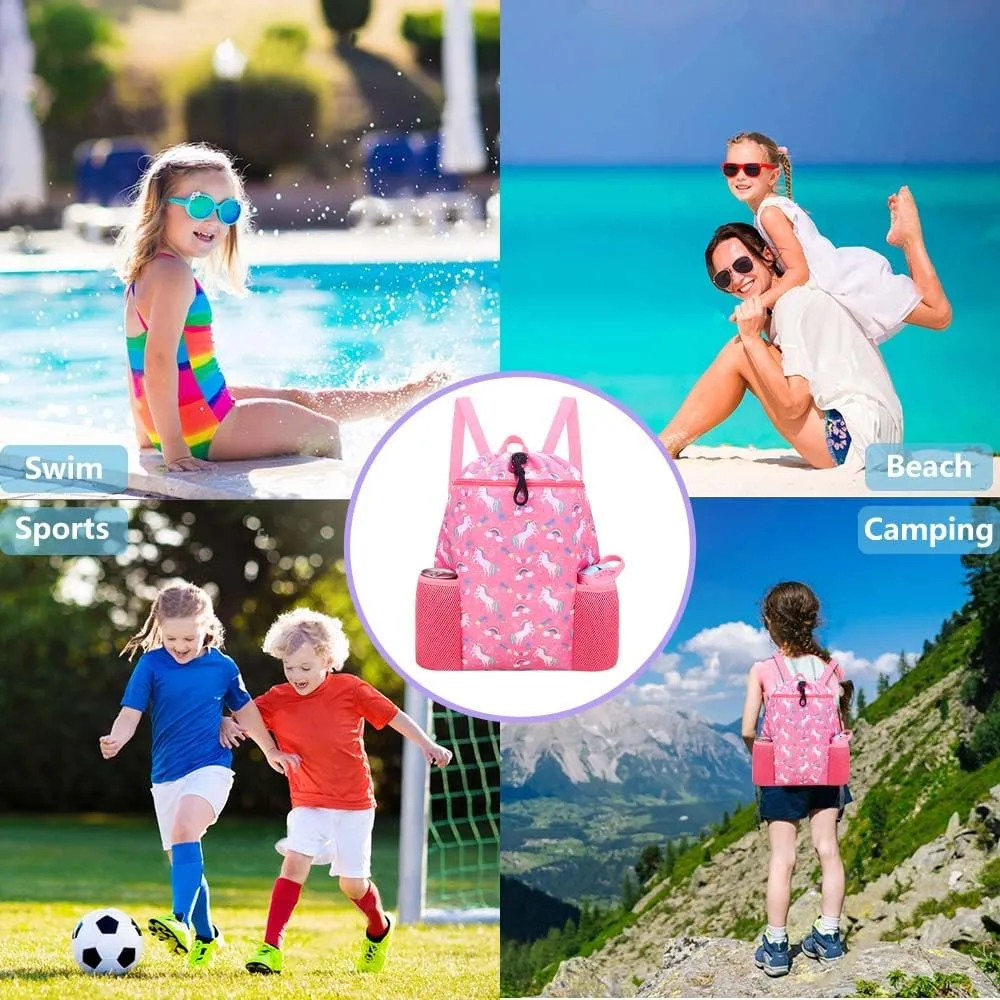 RHCPFOVR Unicorn Swim Bag for Girls - Drawstring Backpack for Kids Swim Bag for Beach Swimming Pool Lightweight Draw String Bags Waterproof Sports Gym With Two Water Bottle Holder