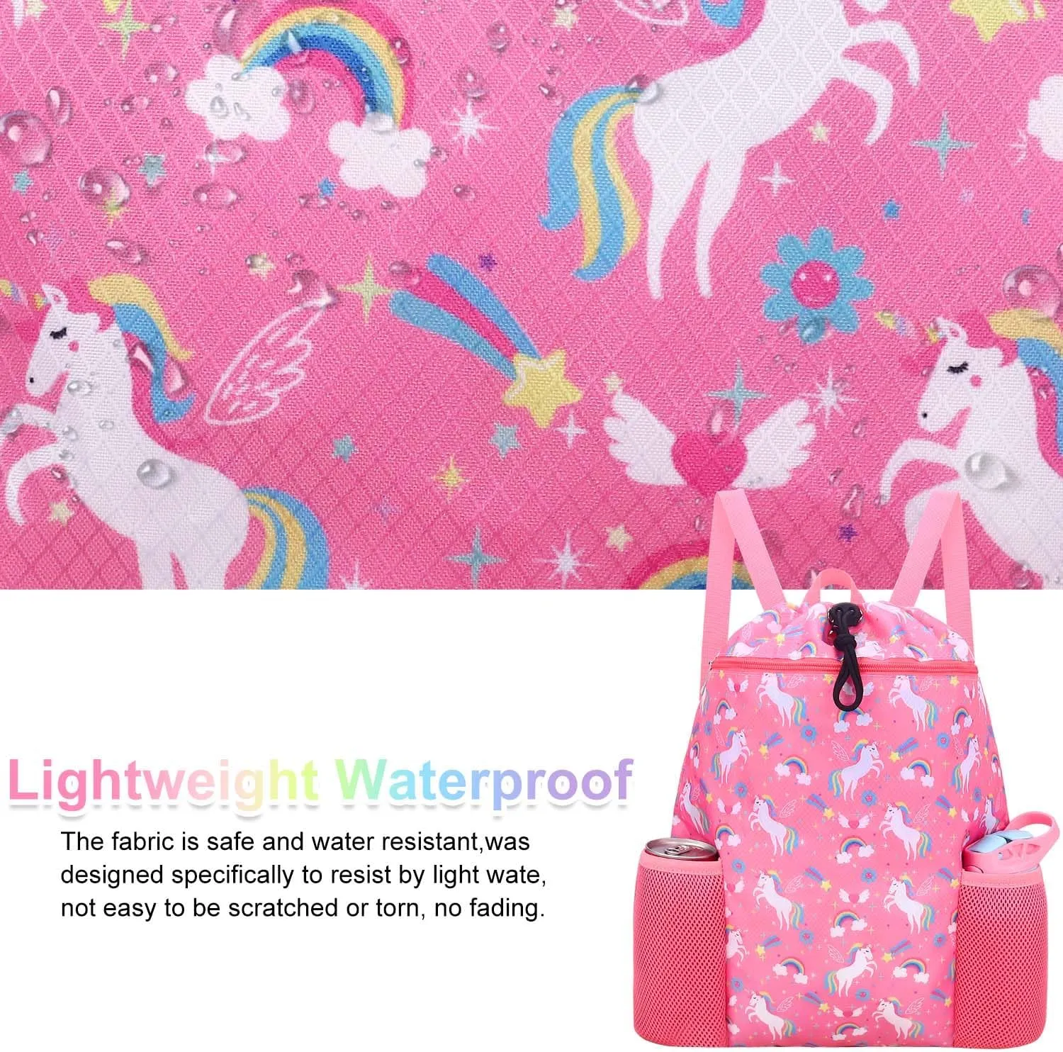 RHCPFOVR Unicorn Swim Bag for Girls - Drawstring Backpack for Kids Swim Bag for Beach Swimming Pool Lightweight Draw String Bags Waterproof Sports Gym With Two Water Bottle Holder