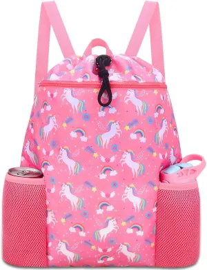 RHCPFOVR Unicorn Swim Bag for Girls - Drawstring Backpack for Kids Swim Bag for Beach Swimming Pool Lightweight Draw String Bags Waterproof Sports Gym With Two Water Bottle Holder
