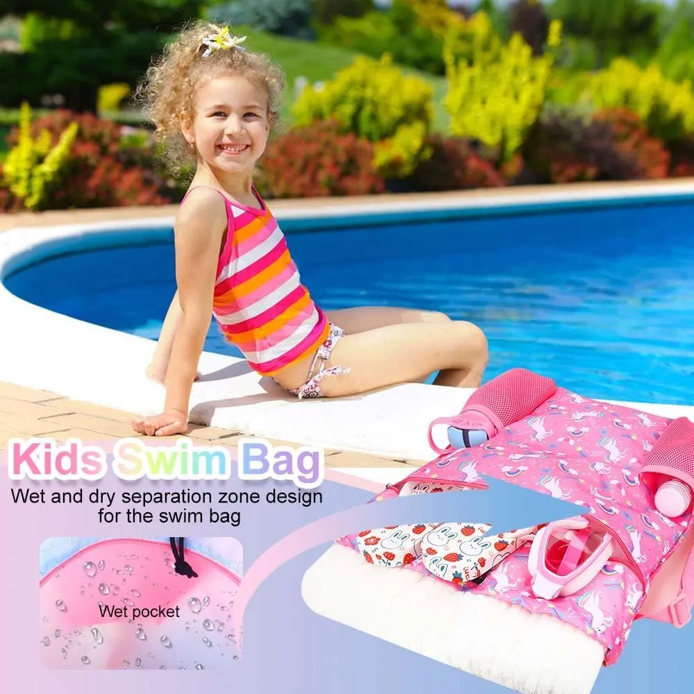 RHCPFOVR Unicorn Swim Bag for Girls - Drawstring Backpack for Kids Swim Bag for Beach Swimming Pool Lightweight Draw String Bags Waterproof Sports Gym With Two Water Bottle Holder