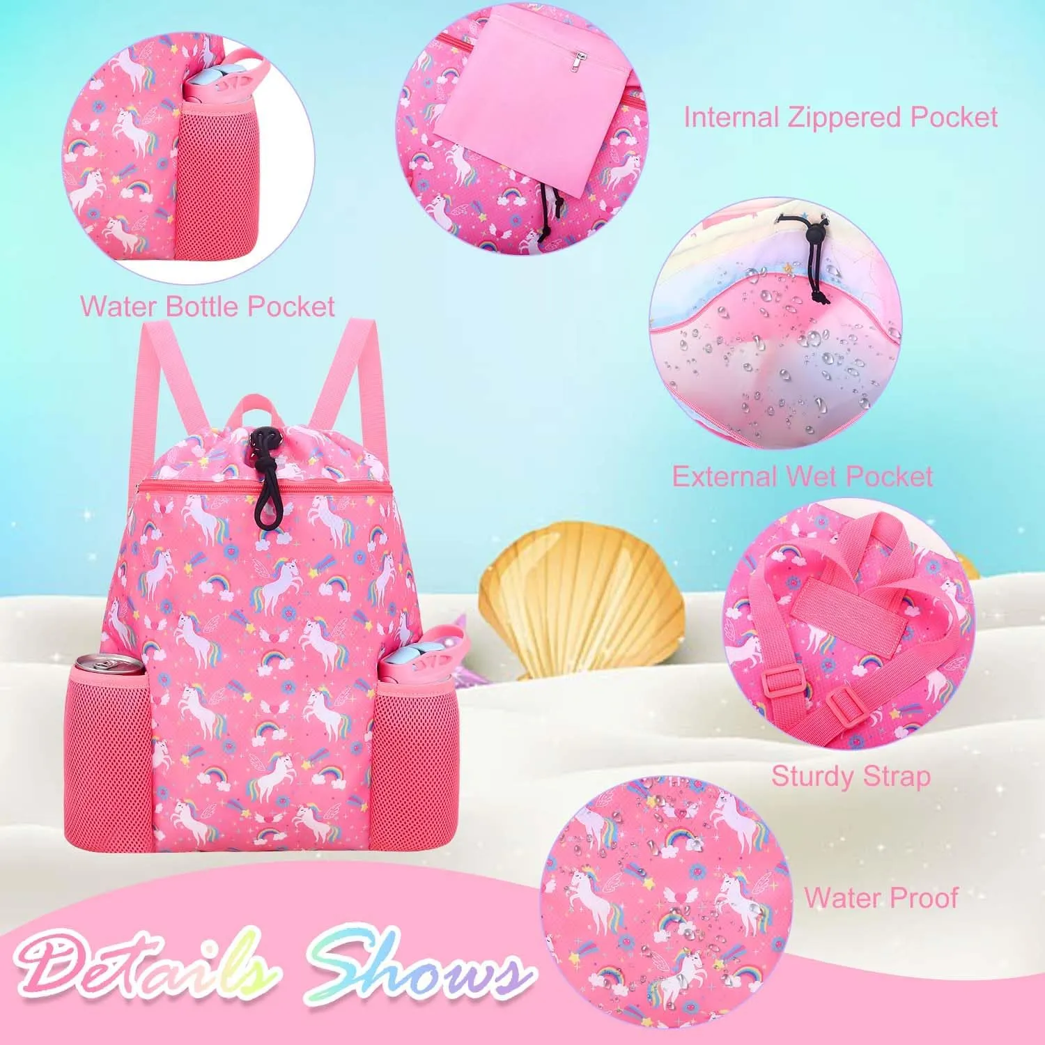 RHCPFOVR Unicorn Swim Bag for Girls - Drawstring Backpack for Kids Swim Bag for Beach Swimming Pool Lightweight Draw String Bags Waterproof Sports Gym With Two Water Bottle Holder