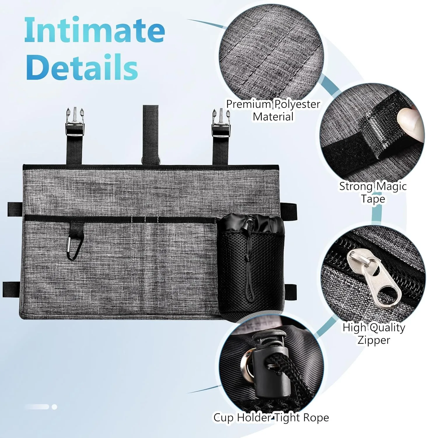 Rhino Valley Walker Bag, Multi Pockets Folding Walker Basket Tote Bag with Cup Holder, Hand-free Carry Pouch Storage Bag for Universal Walkers, Large Capacity Organizer for Seniors Elderly, Gray