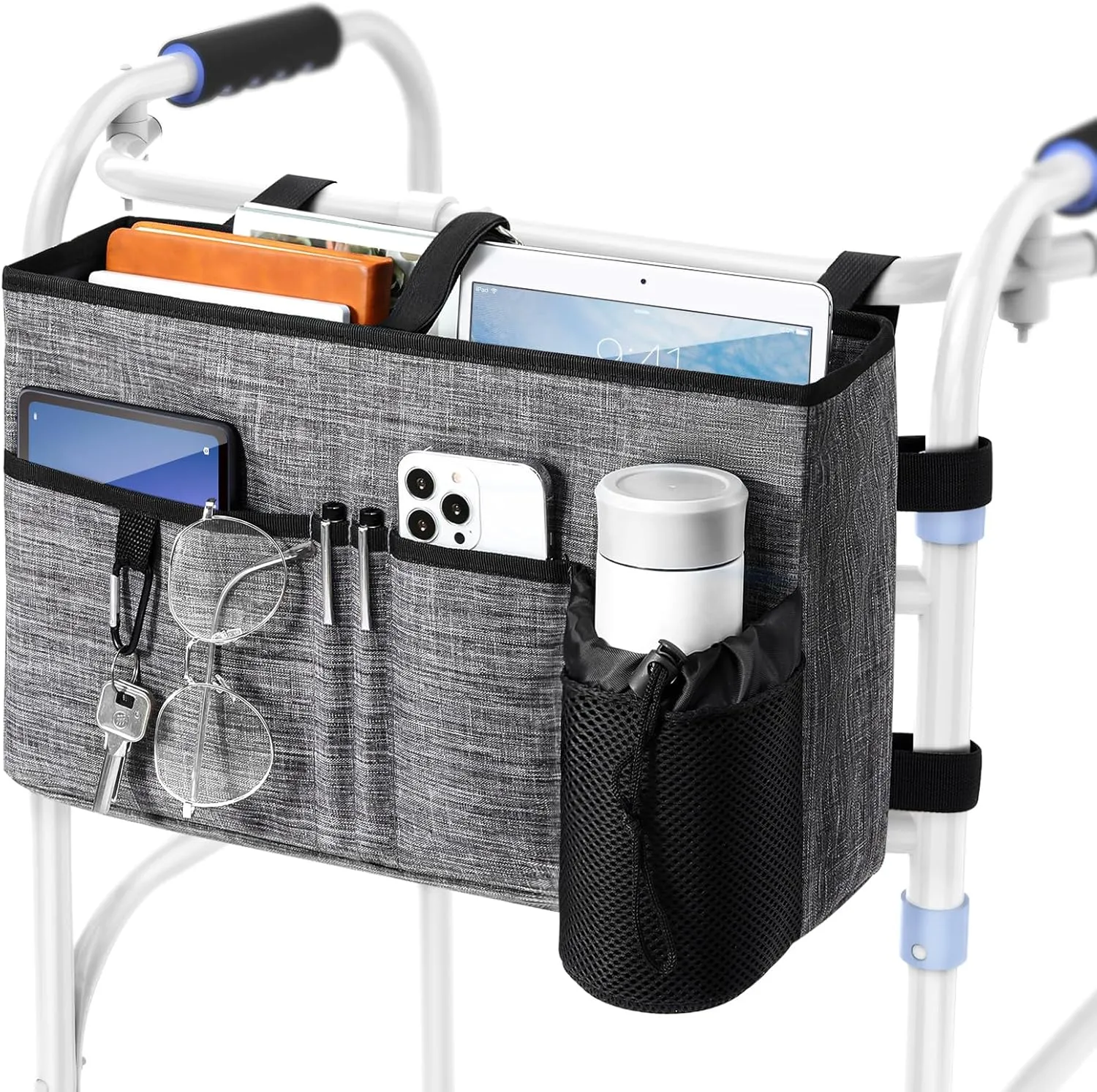 Rhino Valley Walker Bag, Multi Pockets Folding Walker Basket Tote Bag with Cup Holder, Hand-free Carry Pouch Storage Bag for Universal Walkers, Large Capacity Organizer for Seniors Elderly, Gray