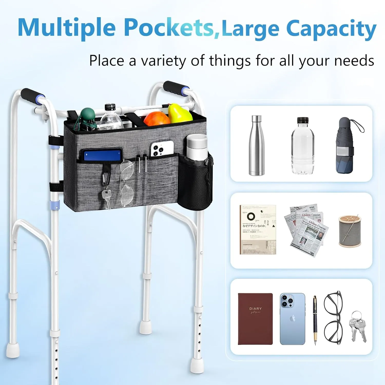Rhino Valley Walker Bag, Multi Pockets Folding Walker Basket Tote Bag with Cup Holder, Hand-free Carry Pouch Storage Bag for Universal Walkers, Large Capacity Organizer for Seniors Elderly, Gray