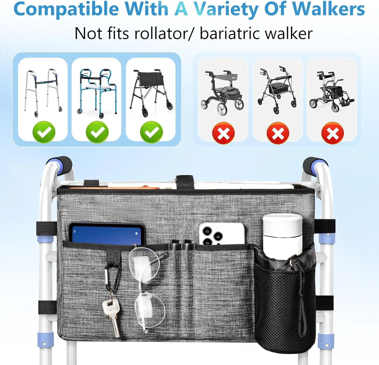 Rhino Valley Walker Bag, Multi Pockets Folding Walker Basket Tote Bag with Cup Holder, Hand-free Carry Pouch Storage Bag for Universal Walkers, Large Capacity Organizer for Seniors Elderly, Gray