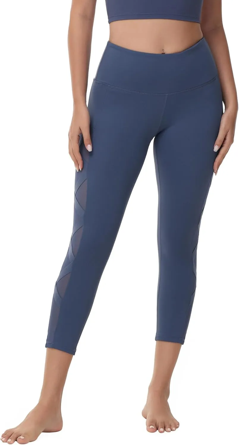 romansong Women's Mesh Leggings Yoga Pants with Pocket, Non See-Through Capri High Waisted Tummy Control 4 Way Stretch