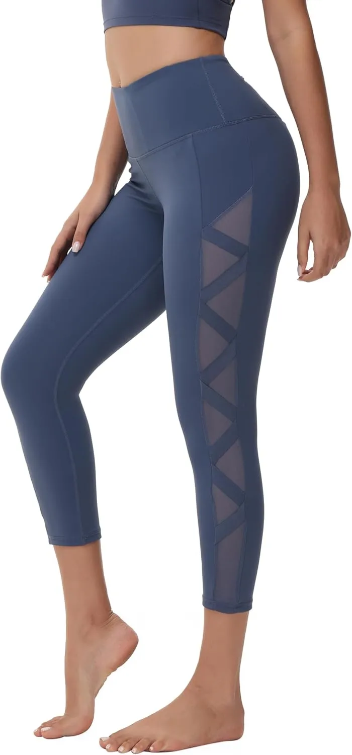 romansong Women's Mesh Leggings Yoga Pants with Pocket, Non See-Through Capri High Waisted Tummy Control 4 Way Stretch
