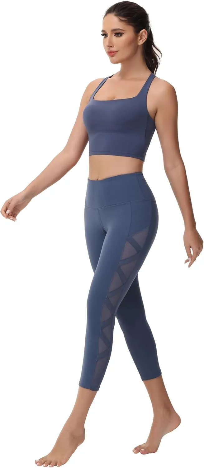romansong Women's Mesh Leggings Yoga Pants with Pocket, Non See-Through Capri High Waisted Tummy Control 4 Way Stretch