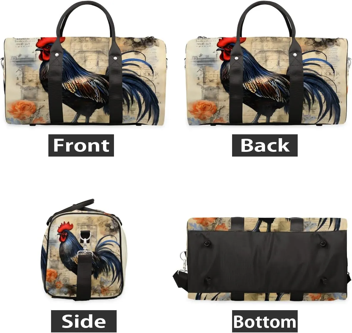 Rooster Print Travel Duffel Bag for Women Men Waterproof Foldable Overnight Weekender Bag Large Capacity Sports Gym Bag