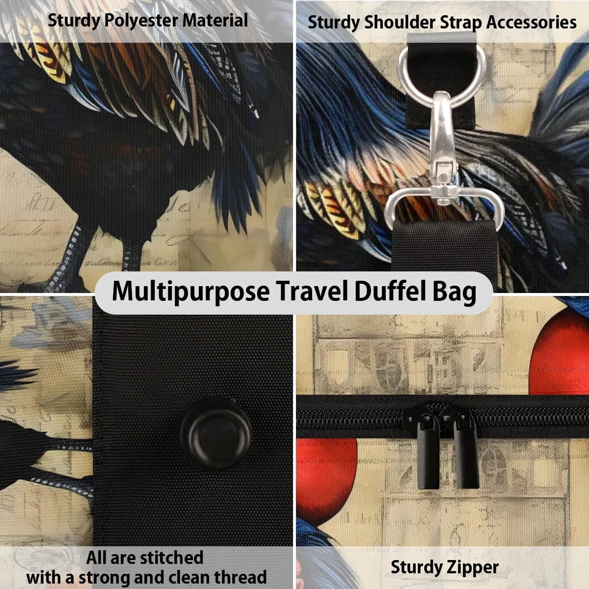 Rooster Print Travel Duffel Bag for Women Men Waterproof Foldable Overnight Weekender Bag Large Capacity Sports Gym Bag
