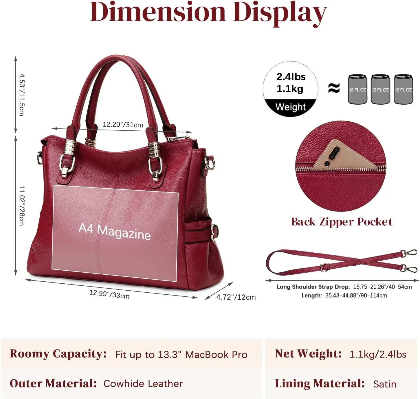 S-ZONE Women Genuine Leather Handbag Shoulder Purse Satchel Tote Crossbody Bag