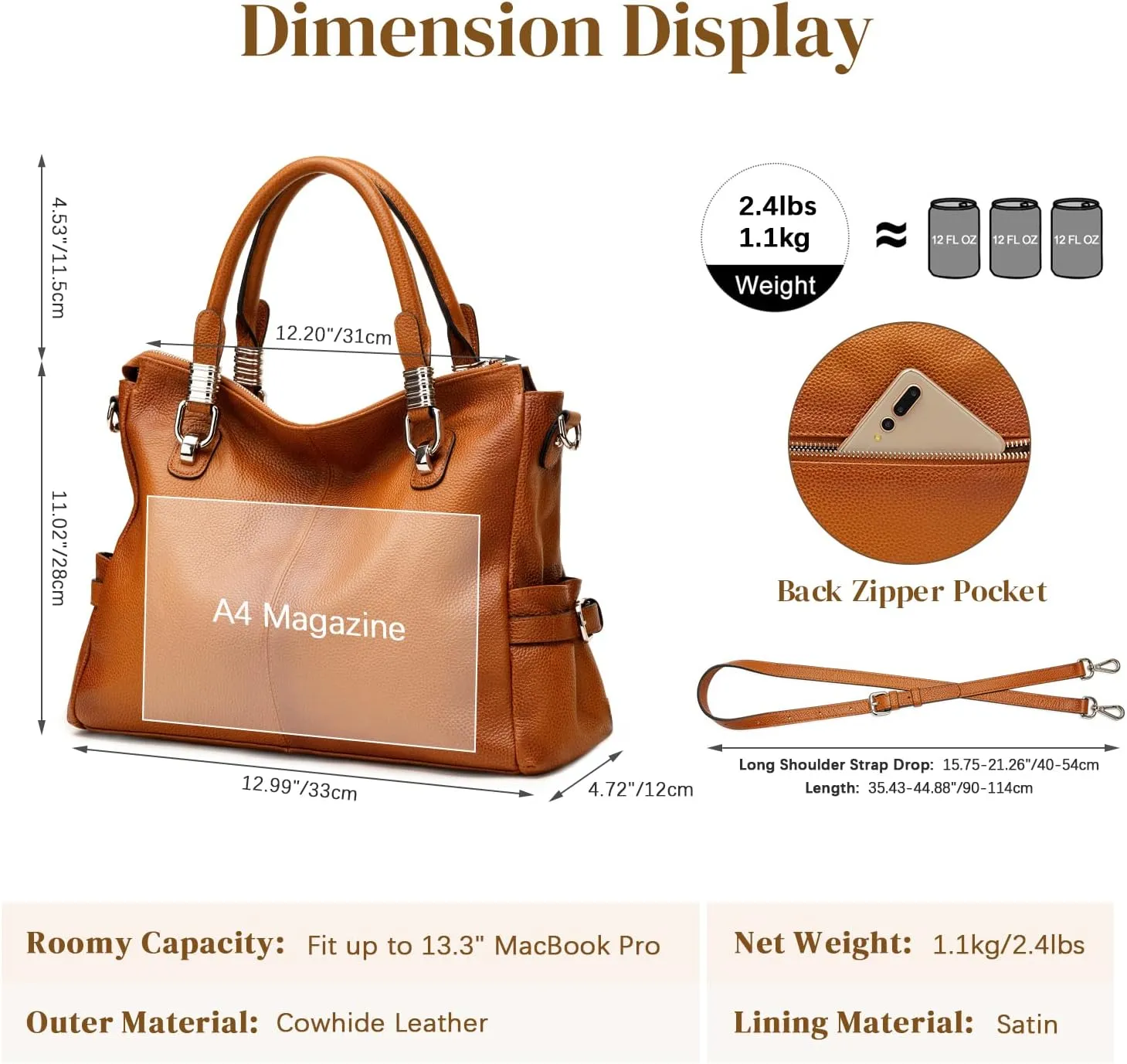 S-ZONE Women Genuine Leather Handbag Shoulder Purse Satchel Tote Crossbody Bag