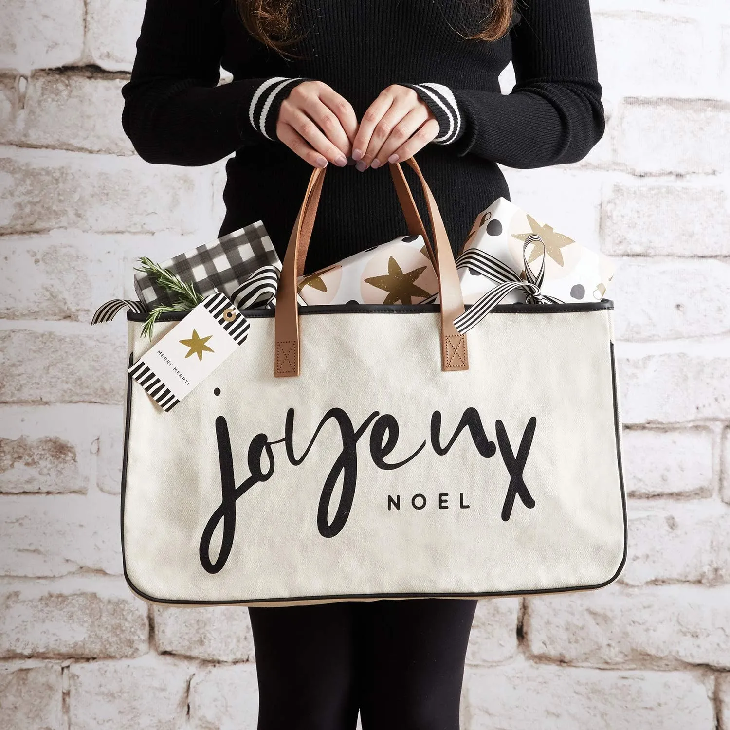 Santa Barbara Design Studio Tote Bag Holiday Collection Black and White 100% Cotton Canvas with Genuine Leather Handles