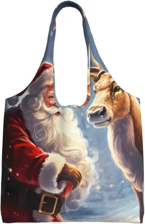 (Santa Claus And Deer Elk) Large Tote Shoulder Bag Fashion Canvas Handbag Reusable Shopping Bag Travel Bag For Women