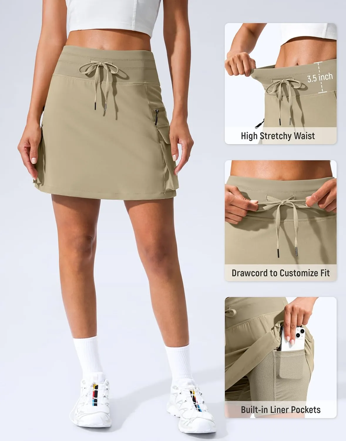 SANTINY 16" Cargo Skort with 6 Pockets Drawstring High Waisted Golf Travel Hiking Skorts for Women Dressy Casual Summer