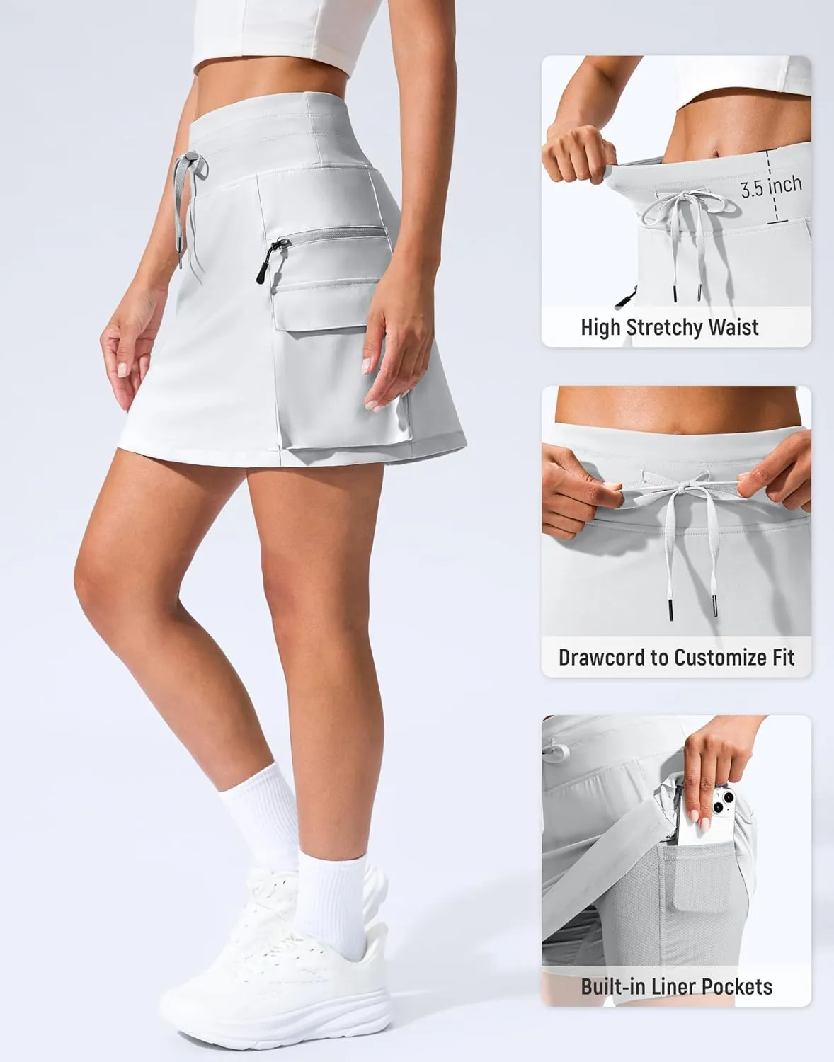 SANTINY 16" Cargo Skort with 6 Pockets Drawstring High Waisted Golf Travel Hiking Skorts for Women Dressy Casual Summer