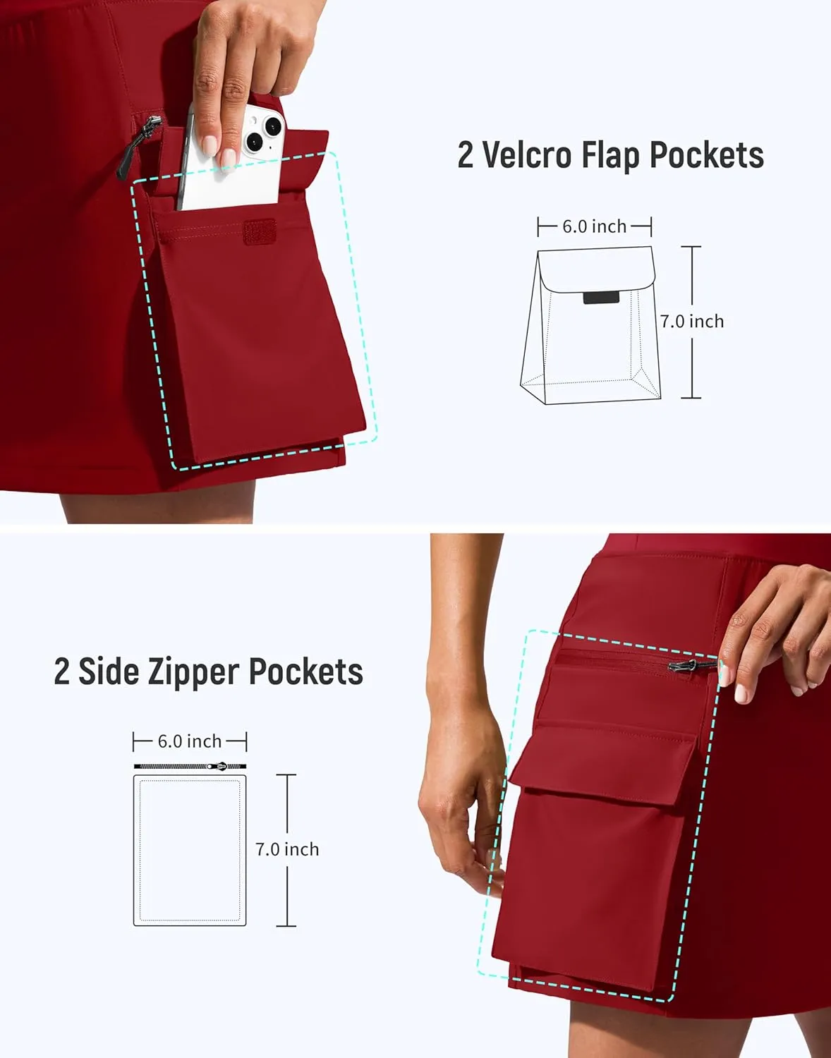SANTINY 16" Cargo Skort with 6 Pockets Drawstring High Waisted Golf Travel Hiking Skorts for Women Dressy Casual Summer