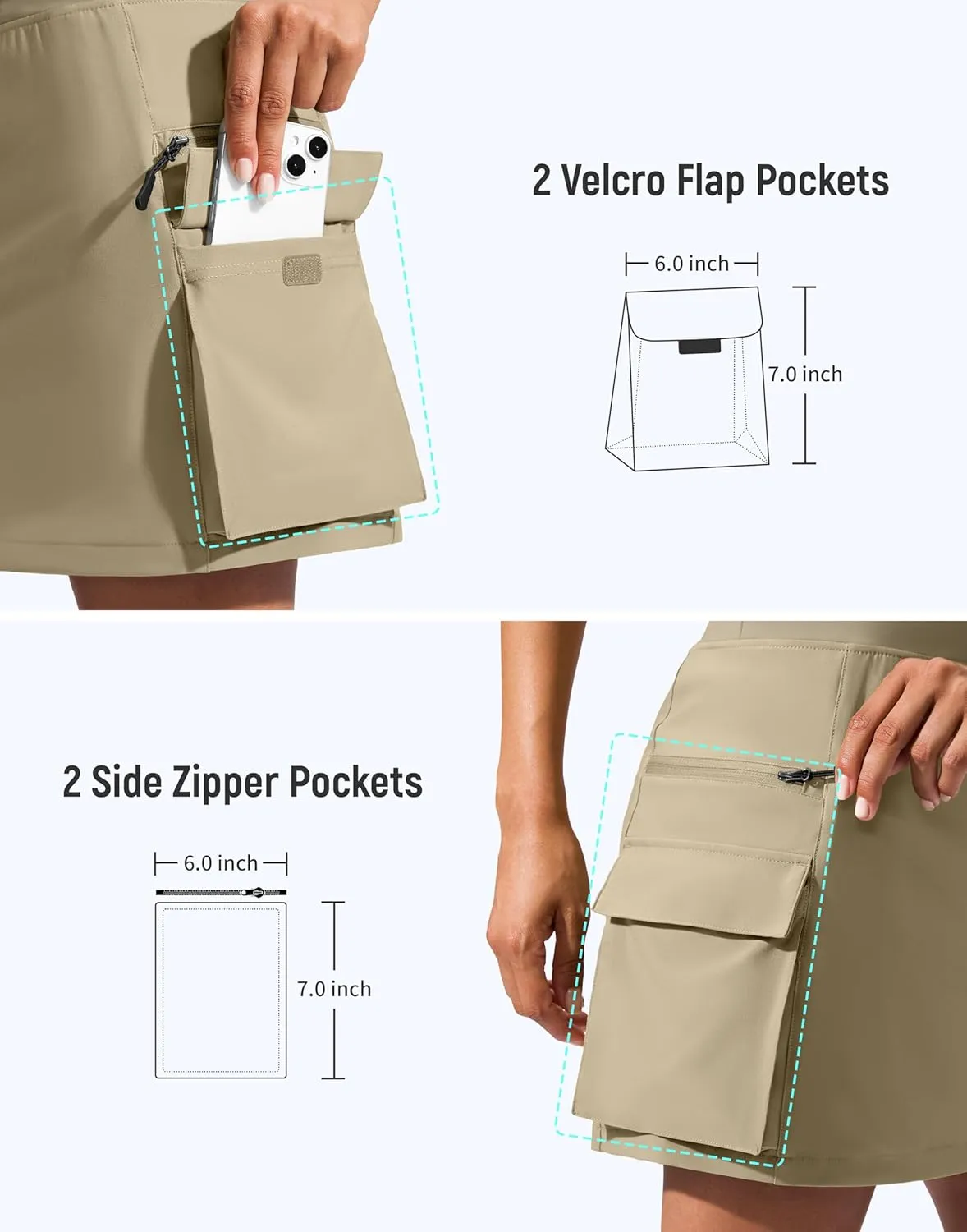 SANTINY 16" Cargo Skort with 6 Pockets Drawstring High Waisted Golf Travel Hiking Skorts for Women Dressy Casual Summer