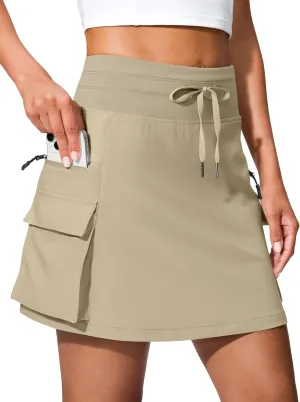 SANTINY 16" Cargo Skort with 6 Pockets Drawstring High Waisted Golf Travel Hiking Skorts for Women Dressy Casual Summer