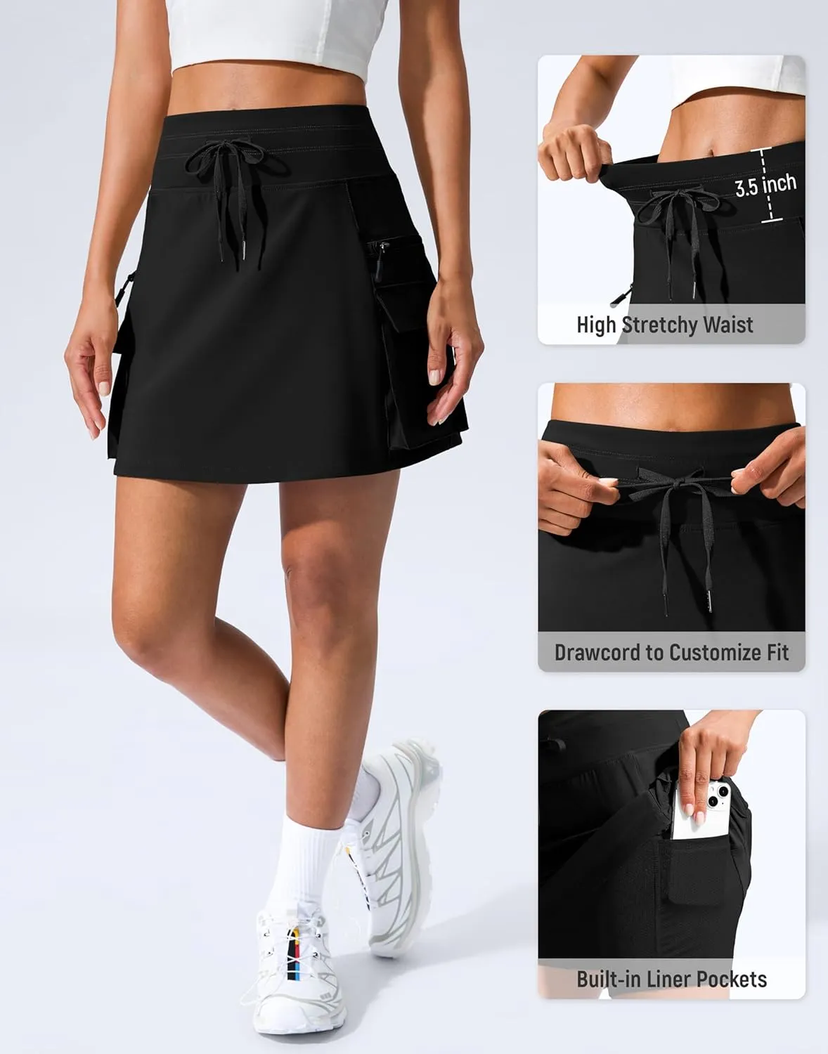 SANTINY 16" Cargo Skort with 6 Pockets Drawstring High Waisted Golf Travel Hiking Skorts for Women Dressy Casual Summer