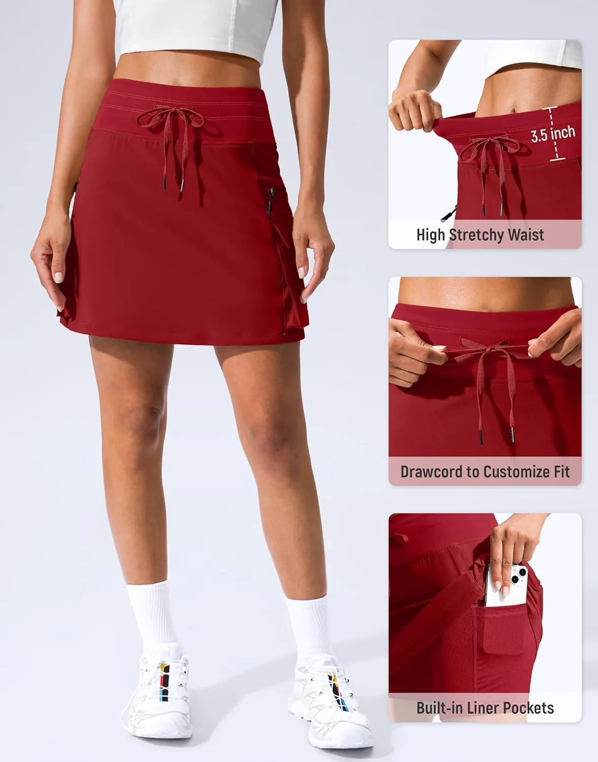 SANTINY 16" Cargo Skort with 6 Pockets Drawstring High Waisted Golf Travel Hiking Skorts for Women Dressy Casual Summer