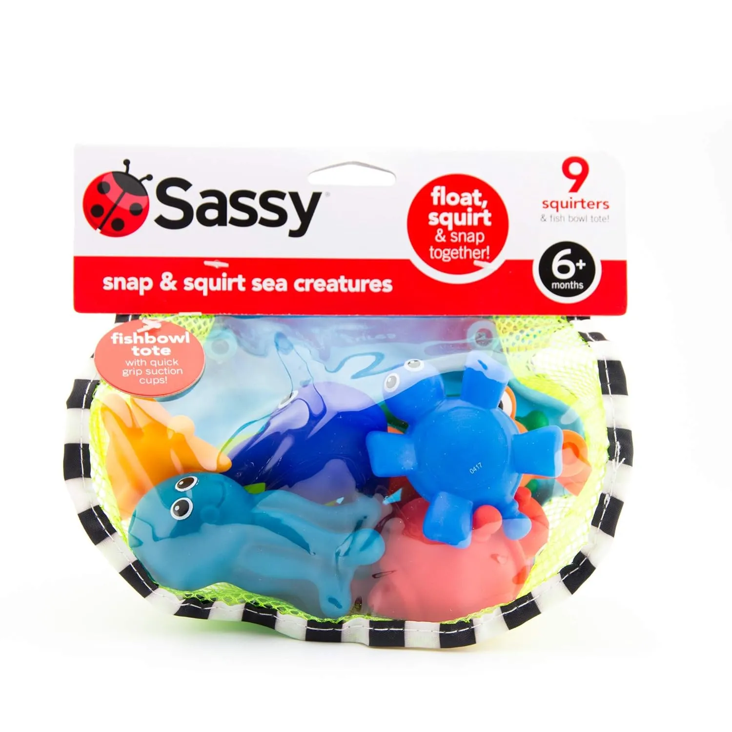 Sassy Snap and Squirt Sea Creatures - 6  Months Set of 9 Sea Characters Includes Storage Bag with Two Large Suction Cups
