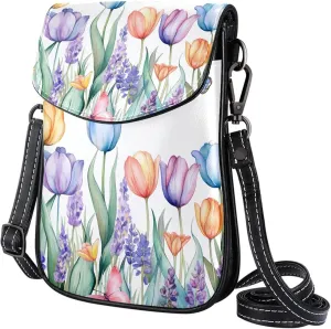 Satchel Bag Colorful Tulips And Lavender Flowers Butterflies Purse Crossbody Leather Messenger Bag For Women
