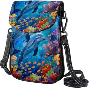 Satchel Bag Dolphins Underwater Painting Purse Crossbody Leather Messenger Bag For Women