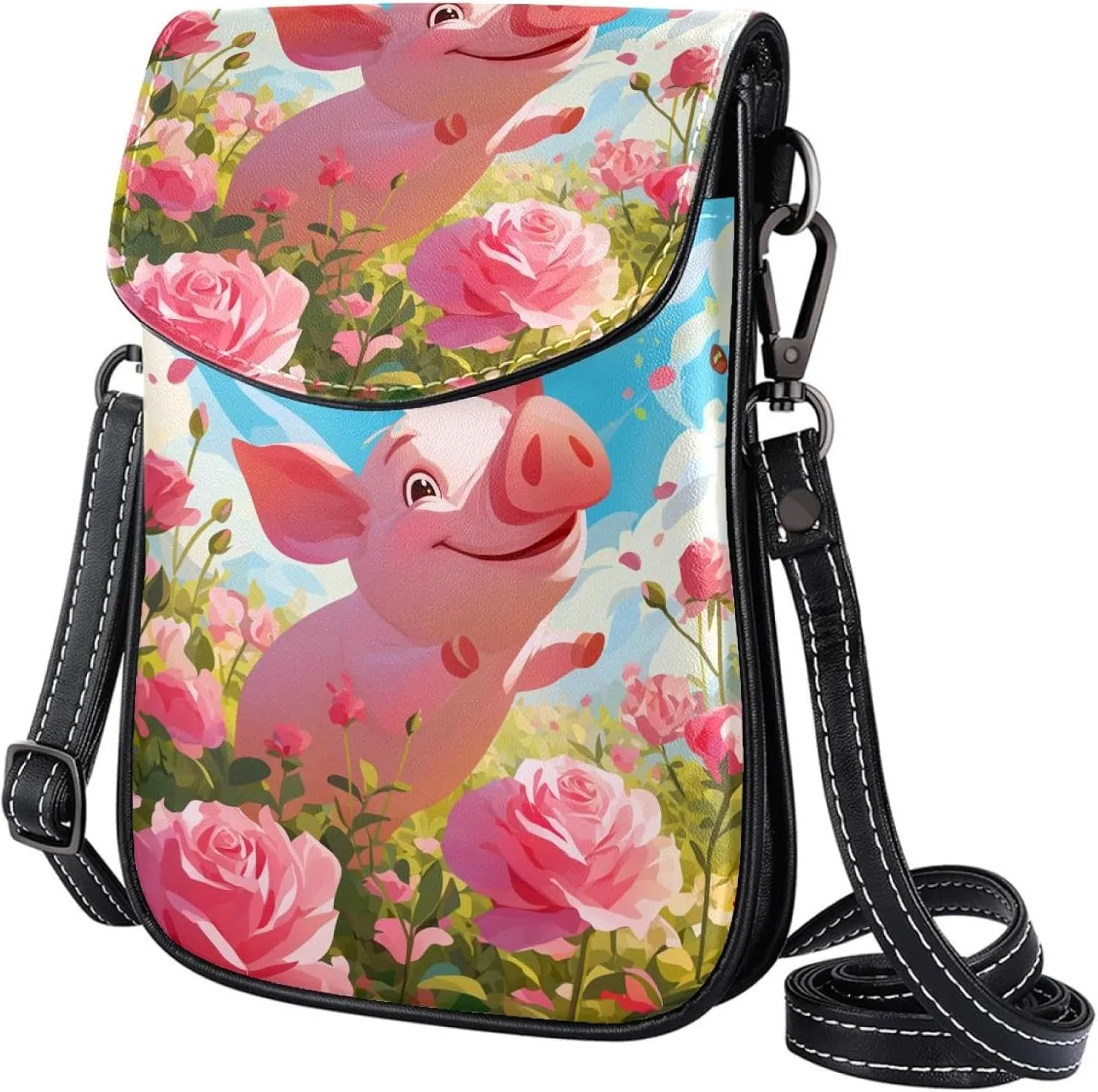 Satchel Bag Pink Roses Butterflies Cute Pig Purse Crossbody Leather Messenger Bag For Women