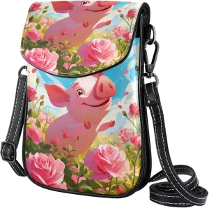 Satchel Bag Pink Roses Butterflies Cute Pig Purse Crossbody Leather Messenger Bag For Women
