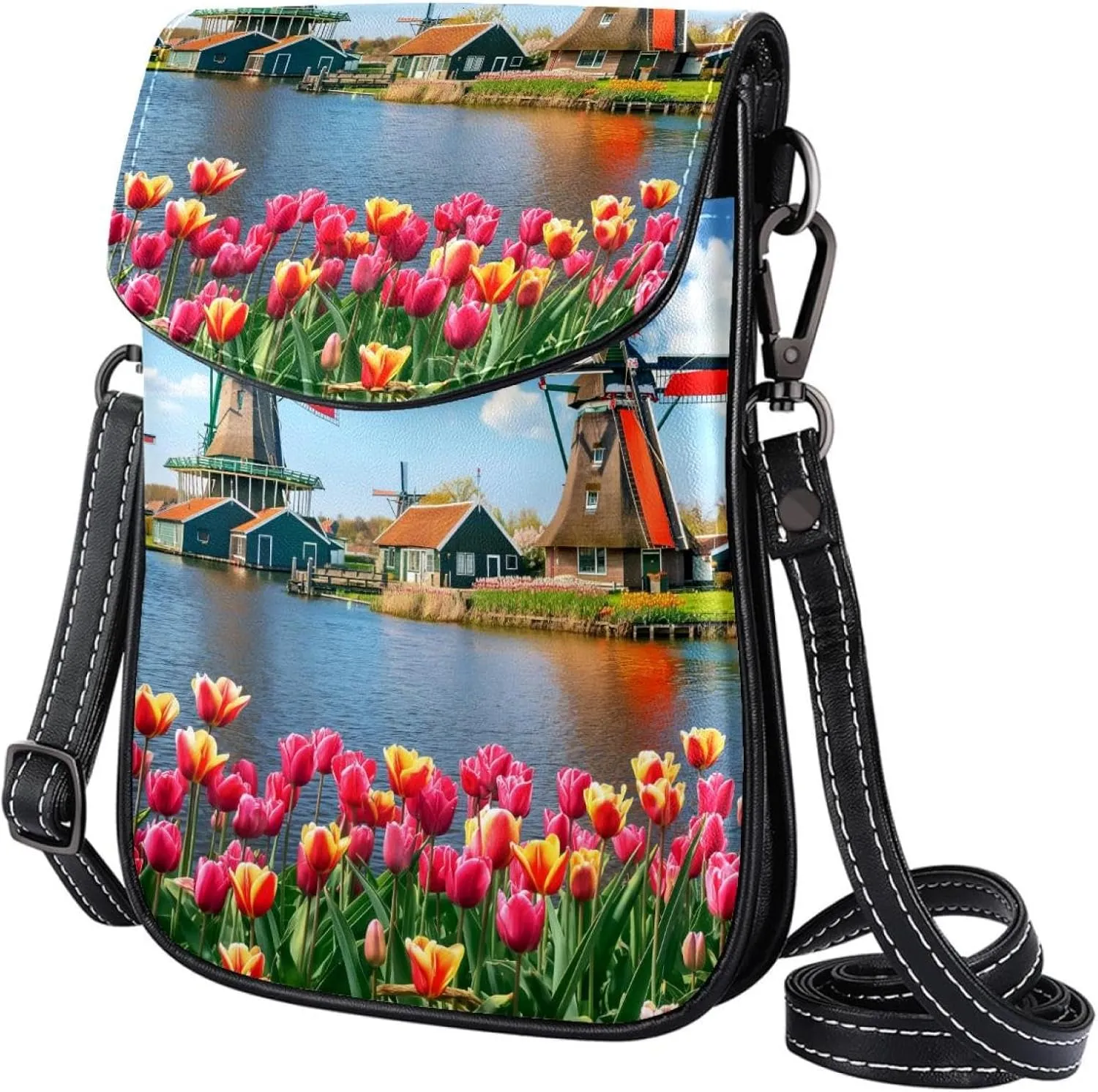 Satchel Bag Tulips Flowers Dutch Windmills Purse Crossbody Leather Messenger Bag For Women