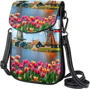 Satchel Bag Tulips Flowers Dutch Windmills Purse Crossbody Leather Messenger Bag For Women