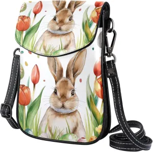Satchel Bag Watercolor Bunny Tulips Flowers Purse Crossbody Leather Messenger Bag For Women