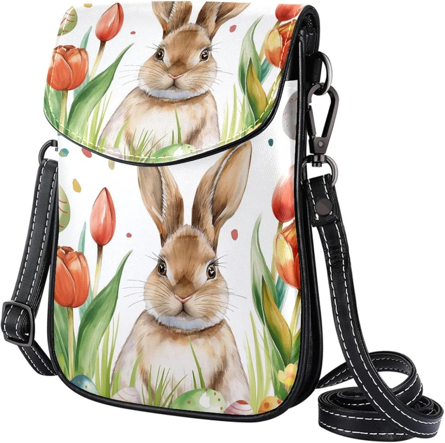 Satchel Bag Watercolor Bunny Tulips Flowers Purse Crossbody Leather Messenger Bag For Women