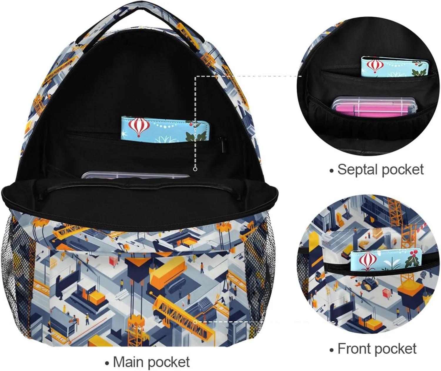 School Backpack for Men and Women Fashion School Book Bag with Chest Strap Gift Men & Women Construction Scene Concrete Mixer Truck