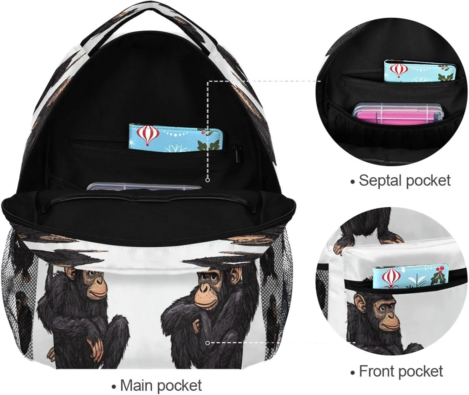 School Backpack for Men Women Waterproof Outdoor Backpack with Chest Strap Gift Men & Women Cartoon Rhinopithecus White