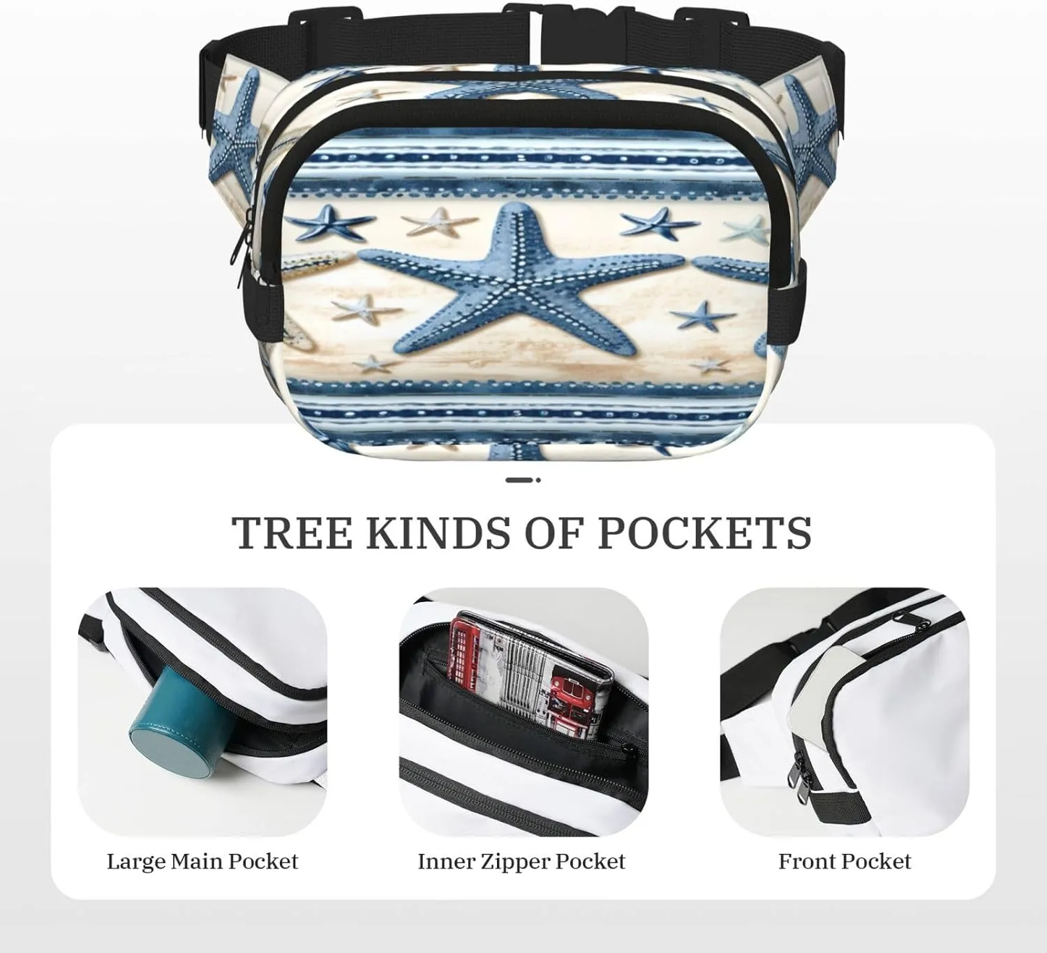 Sea Ocean Starfish Funny Pack Waist Pack for Women Men, Double Layer Pack for Workout Running Travelling