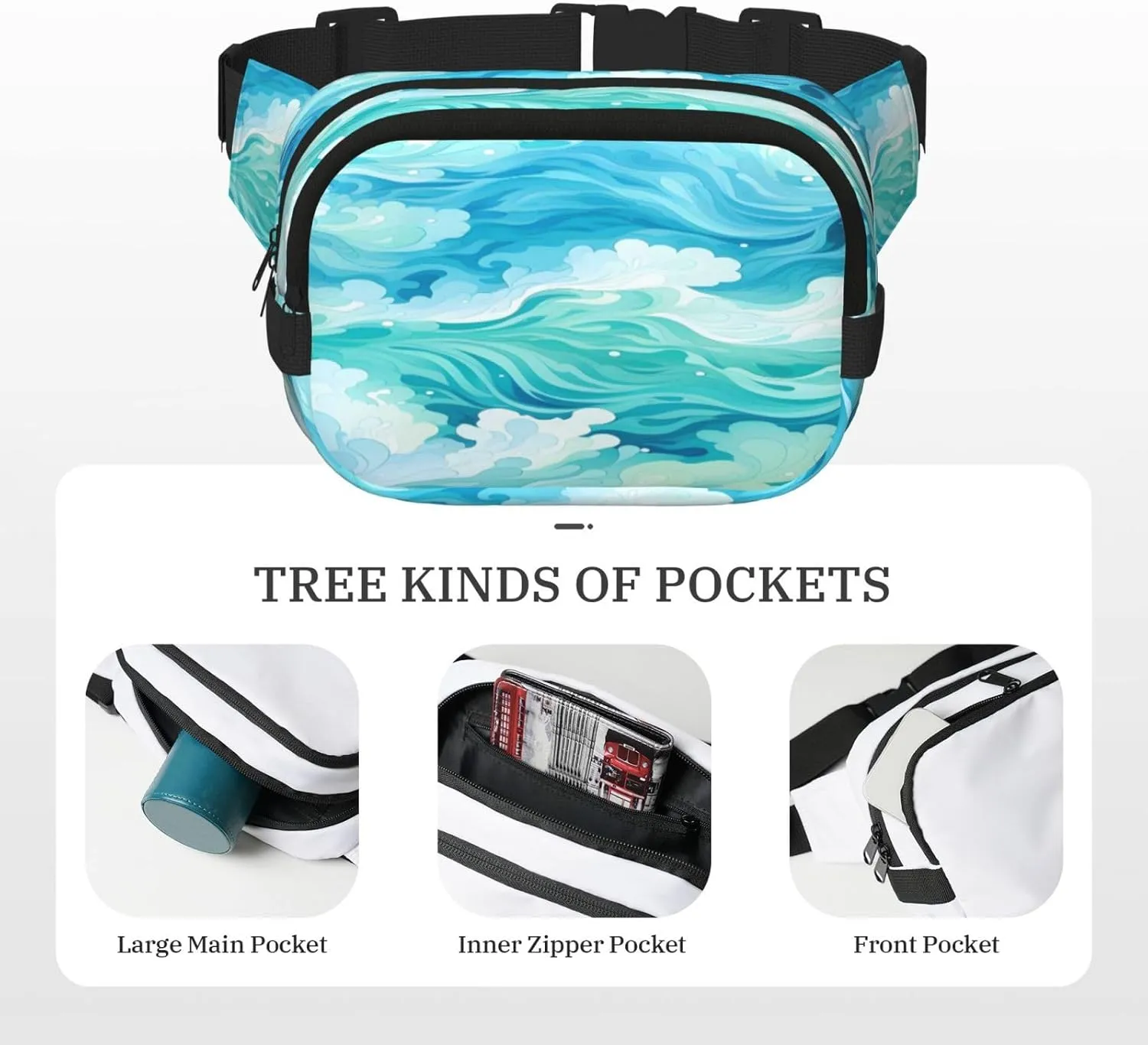 Sea Teal Wave Funny Pack Waist Pack for Women Men, Double Layer Pack for Workout Running Travelling