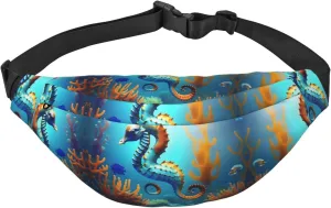 Seabed coral seahorse Boys large waist bag, travel crossbody waist bag, suitable for enjoying sports, running, cycling, travel, fishing
