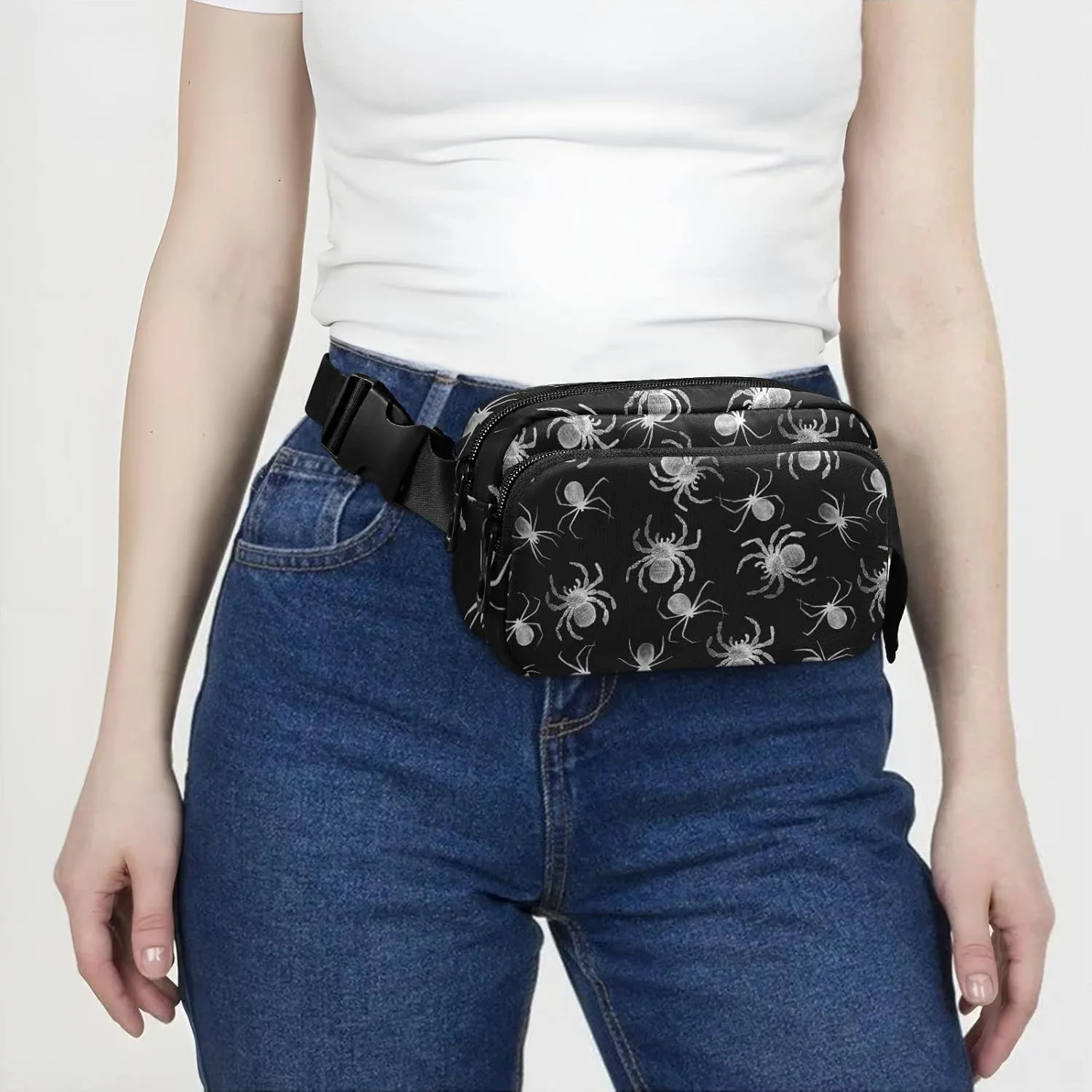 Seamless White Spider on Black Dark Adjustable Belt Running Bag, Crossbody Fanny Pack Waist Runners Bag Tote for Women Men Sports Hiking Fitness Exercise Gym Pouch