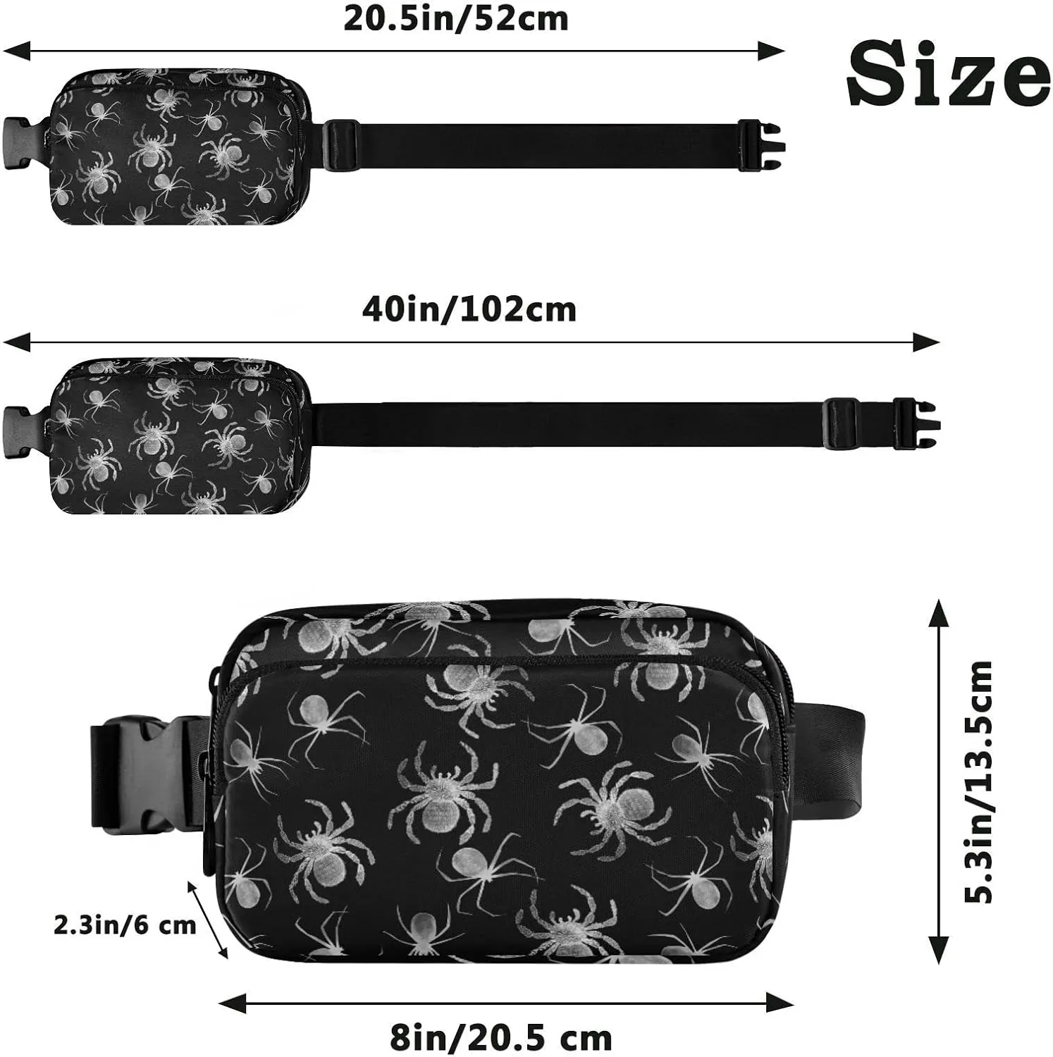 Seamless White Spider on Black Dark Adjustable Belt Running Bag, Crossbody Fanny Pack Waist Runners Bag Tote for Women Men Sports Hiking Fitness Exercise Gym Pouch