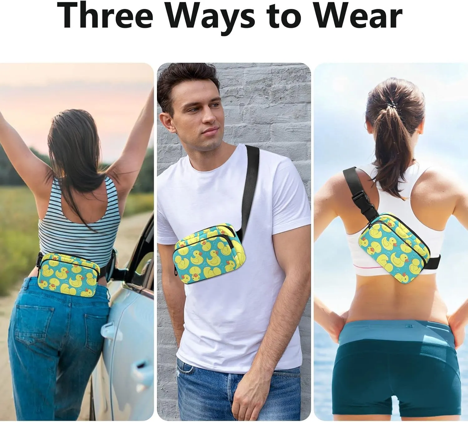Seamless Yellow Cute Rubber Ducks and Bubbles on Turquoise Adjustable Belt Running Bag, Crossbody Fanny Pack Waist Runners Bag Tote for Women Men Sports Hiking Fitness Exercise Gym Pouch