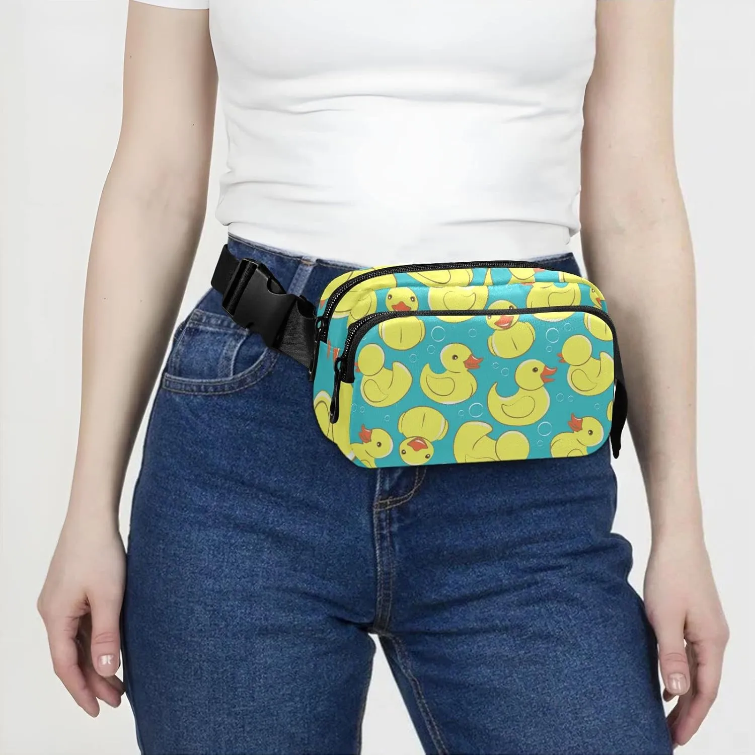 Seamless Yellow Cute Rubber Ducks and Bubbles on Turquoise Adjustable Belt Running Bag, Crossbody Fanny Pack Waist Runners Bag Tote for Women Men Sports Hiking Fitness Exercise Gym Pouch