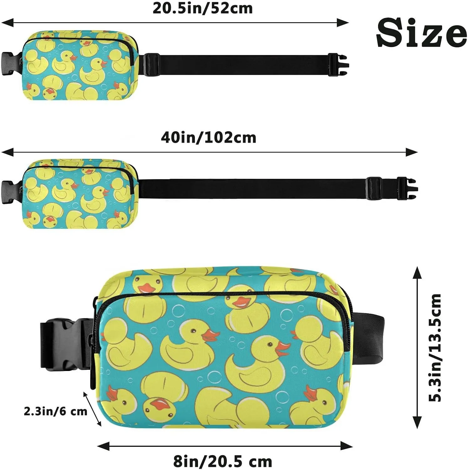 Seamless Yellow Cute Rubber Ducks and Bubbles on Turquoise Adjustable Belt Running Bag, Crossbody Fanny Pack Waist Runners Bag Tote for Women Men Sports Hiking Fitness Exercise Gym Pouch