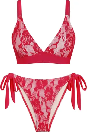 seamoly Women's Bikini Sets Halter Neck Crochet Colorblock Two Piece Swimsuits Open Back Sexy High Cut Thong Bathing Suit
